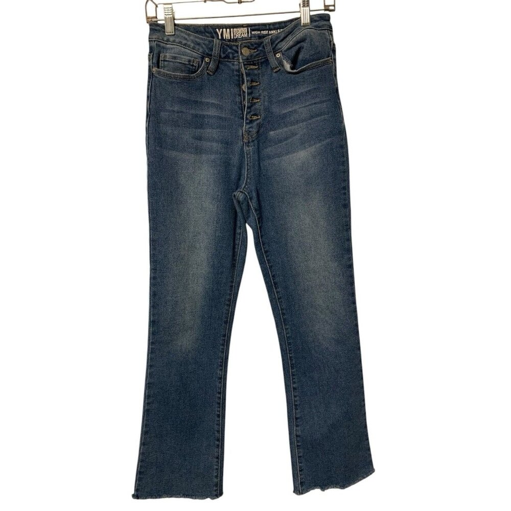 YMI Jeans Women's 7 Blue Denim High Rise Ankle Flare Dream Button Fly Raw Hem